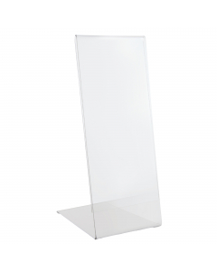 Display in PET trasparente (materiale riciclabile) idoneo al contatto con gli alimenti. Ottima resistenza agli urti e al fuoco. Ideale per ogni tipo di comunicazione e perfetto come porta menù o porta listino. Portadepliant con base a L utilizzabile sia i