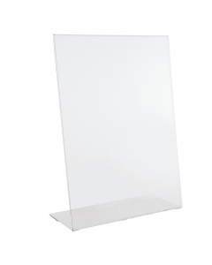 Display in PET trasparente (materiale riciclabile) idoneo al contatto con gli alimenti. Ottima resistenza agli urti e al fuoco. Ideale per ogni tipo di comunicazione e perfetto come porta menù o porta listino. Portadepliant con base a L utilizzabile sia i