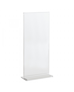 Display in PET trasparente (materiale riciclabile) idoneo al contatto con gli alimenti. Ottima resistenza agli urti e al fuoco. Ideale per ogni tipo di comunicazione e perfetto come porta menù o porta listino. Portadepliant con base a T formato 1/3 A4 - 1