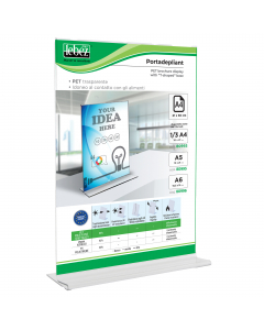 Display in PET trasparente (materiale riciclabile) idoneo al contatto con gli alimenti. Ottima resistenza agli urti e al fuoco. Ideale per ogni tipo di comunicazione e perfetto come porta menù o porta listino. Portadepliant con base a T formato A4 - 21x30