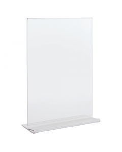 Display in PET trasparente (materiale riciclabile) idoneo al contatto con gli alimenti. Ottima resistenza agli urti e al fuoco. Ideale per ogni tipo di comunicazione e perfetto come porta menù o porta listino. Portadepliant con base a T formato A5 - 15x21