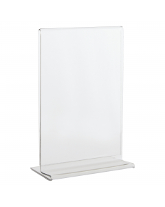 Display in PET trasparente (materiale riciclabile) idoneo al contatto con gli alimenti. Ottima resistenza agli urti e al fuoco. Ideale per ogni tipo di comunicazione e perfetto come porta menù o porta listino. Portadepliant con base a T formato A6 - 10,5x
