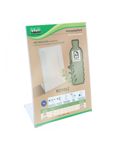 Portadepliant in PET riciclato con base a L, idoneo al contatto con gli alimenti, può essere utilizzato anche in orizzontale.