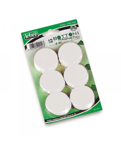Bottoni magnetici colorati. In blister monocolore di 12 pezzi, colori disponibili verde, nero, bianco, rosso, giallo, blu. Disponibili in 3 diametri.