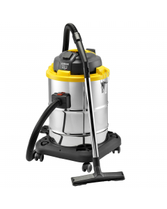 Aspirapolvere e liquidi semiprofessionale WTP 50XE con filtro lavabile, motore silenziato, doppio isolamento elettrico. Sistema aspirante con raffreddamento by-pass. Vano portaccessori. Fusto in acciaio inox. Porta cavo elettrico, 4 ruote pivottanti • Pre