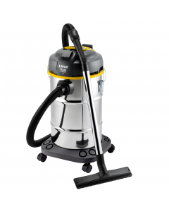 Aspirapolvere e aspiraliquidi con filtro lavabile, motore silenziato e doppio isolamento elettrico. Sistema aspirante con raffreddamento by-pass. Vano portaccessori. Fusto in acciaio inox. Porta cavo elettrico. Carrello con 4 ruote pivottanti. Ganci profe