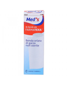 Bende di garza orlata 10cm x 5 metri. Realizzate in garza di puro cotone, bianco candido, priva di sbiancanti ottici. Le bende di garza orlata sono prodotte con tessitura a doppia trama di elevata qualità, omogeneità e resistenza. Il titolo del tessuto e 