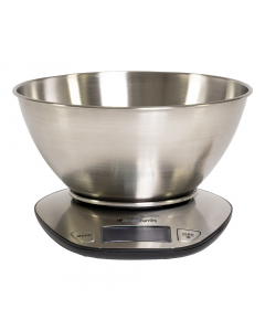 Bilancia da cucina digitale ad alta precisione, con ciotola in acciaio da 1,8L comodo e capiente per 
misurare anche i liquidi. Display LCD di grandi dimensioni 58x27 mm e funzione tara. Portata 5kg.
 Dimensioni: 21,5x21,5x13cm. Colore: silver.
• Sensore 