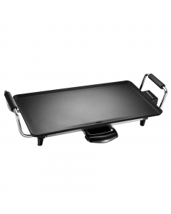 Piastra liscia antiaderente con termostato regolabile, maniglie laterali e piedini antiscivolo che permette di servire in tavola gli alimenti cotti alla piastra grazie alla vaschetta raccogli grasso. Dimensioni piastra: 43x23cm. Alimentazione: 220-240V AC