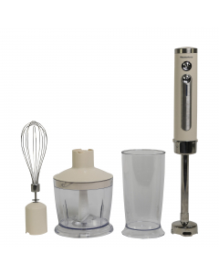 Set senza fili ricaricabile completo di sbattitore, tritatutto, frullatore a immersione da 150W e bicchiere graduato. 
• Stelo in acciaio inox con doppia lama in acciaio inox
• Batteria agli ioni di litio da 7,4 V 2000 mAh, motore DC
• Regolazione 5 veloc