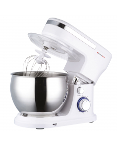Impastatrice con movimento planetario con 6 velocità e funzione pulse con gancio per ogni tipo di impasto e le fruste in acciaio per mescolare e montare. Ciotola in acciaio con capacità di 5L e coperchio trasparente a protezione degli schizzi. Potenza 100