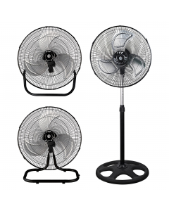 Ventilatore industriale robusto e potente, installabile a terra a parete o sul tavolo. a 3 velocità, con funzione oscillazione. 3 pale in metallo Ø45cm. Griglia a nido d'ape; base circolare; Alimentazione: 220-240V - 50Hz. Potenza: 45W. Dimensioni: 52,3 x