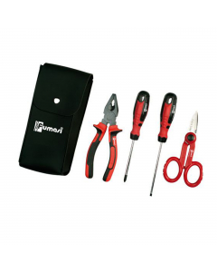 Trousse in similpelle composta da: n°1 pz forbice per elettricisti lama diritta micro-dentata 145 mm; n°1 pz pinza universale in acciaio cromo-vanadio brunita nera 160 mm; n°1 pz cacciavite punta piatta 4.0x100 mm; n°1 pz cacciavite punta phillips 1x80 mm