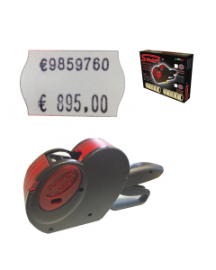 Prezzatrice a 2 linee di stampa 8+8 caratteri numerici e simbolo €.  Altezza carattere 4,5mm. Fornita con 10 rotoli di etichette assortite + 1 ink roll. Utilizza etichette a onda 26x16mm.