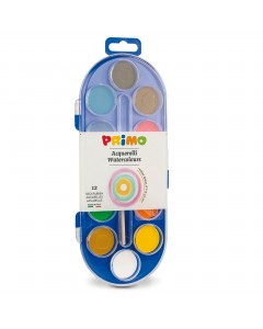 Colori acquerellabili in scatola di plastica con pennello. Diametro pastiglia 30mm.
