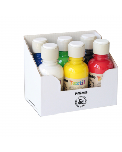 Colore per tessuto in bottiglia da 125 ml con tappo dosatore in espositore da 6 colori (vermiglione, giallo, blu oltremare, verde brillante, bianco e nero). Colore ad acqua ad alta concentrazione di resina e pigmento, una volta asciutto è permanente sui t