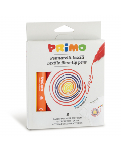 Pennarelli per tessuto, in scatola di cartone, 8 colori. Facile da applicare, luminoso nel risultato permette di creare disegni e linee più sottili. Una volta asciutto è permanente sui tessuti. Stirare dal rovescio.Una volta asciutto non è lavabile dai te