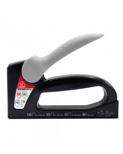 Fissatrice manuale per punti metallici studiata per essere utilizzata in tutti i lavori di decorazione: tappezzerie, falegnameria, vetrinistica e fissaggio d’isolamenti.Punti 105 - 108 - 110 ; 53/6 - 53/8 - 53/10; 13/6 - 13/8 - 13/10. Chiodino con testa M