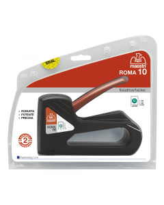 Fissatrice manuale per punti metallici adatta per tutti i lavori di decorazione: tappezzeria, falegnameria, vetrinistica e fissaggio di isolamenti. Capacità di carica: 80 mm. Maniglia verniciata in acciaio indurito studiata per ottenere la massima ergonom