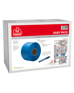 Kit imballaggio per una facile reggiatura, ideale per casse, tubi, documenti e archivi libri, ecc. Contiene 600 m di reggia 12 x 0,45mm, 200 sigilli in plastica e 1 taglierino. Dimensioni confezione : 32 x 25 x 16cm. Peso: 2,8kg.