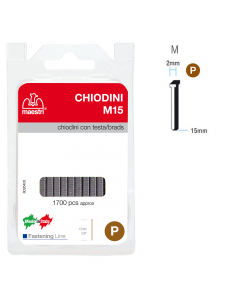 Blister appendibile contenente 1700 chiodini con testa da 2mm per fissatrice da 15mm di lunghezza. 
Utilizzabili con Sparapunti Rocama 14 (tutti i modelli) e Rocama 16 (mod. 116 B e 53.16B).
