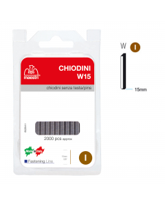 Blister appendibile contenente 2000 chiodini per fissatrice senza testa da 15mm di lunghezza. 
Utilizzabili con Sparapunti Rocama 14 (tutti i modelli) e Rocama 16 (mod. 116 B e 53.16B).