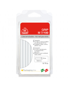 Adesivo termofusibile trasparente utilizzabile in tutte le incollatrici ø 7 mm. Stick confezionati in blister da 70 grammi ca. (N° 18 stick). La M7/100 è un adesivo termo fondente caratterizzato da un’elevata rapidità di presa ed un tempo aperto medio-lun