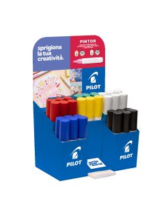 Espositore da banco con 72 marcatori multisuperficie con inchiostro pigmentato opaco a base d'acqua. Punta media 4.5mm, tratto 1.5 - 2.2mm. Colori assortiti: 18pz biano, 18pz blu, 12pz rosso, 6pz verde e 6pz giallo.