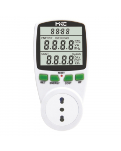 Misuratore di potenza con display LCD da 16 A e 230 V. Ideale per monitorare i consumi elettrici degli elettrodomestici e dei dispositivi elettrici. Permette la visualizzazione di Watt, Volt, Ampere, Hertz e Kwh. Impostando la tariffa energetica, lo strum