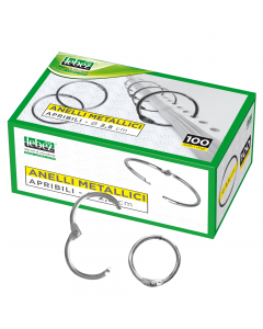 Scatola di anelli in metallo apribili per rilegare fogli o campionature.