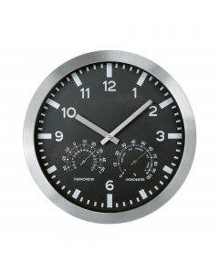 Orologio da parete in acciaio satinato con quadrante colorato. Con igrometro e indicatore della temperatura.