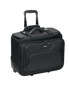 Trolley in tessuto tecnico. Grande scomparto centrale con imbottitura porta notebook. Quattro tasche frontali con cerniera e tasche porta oggetti. Maniglia imbottita super comfort. Cinghie di fissaggio. Manico telescopico a scomparsa. Targhetta portanome.