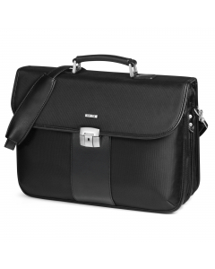 Cartella in tessuto extra strong. Due scomparti con vani portaoggetti, capiente tasca frontale con astuccio per accessori, tasca posteriore con cerniera, tracolla regolabile.