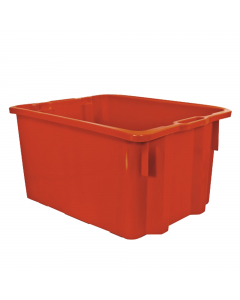 Contenitori a cassa chiusa inseribili fra loro e sovrapponibili. In polietilene ad alta densità (HDPE). Idonei al contatto con alimenti. Colore arancio. Dimensioni: L55 x P43 x H31cm - 50 litri.
