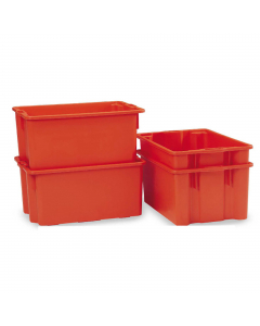Contenitori a cassa chiusa inseribili fra loro e sovrapponibili. In polietilene ad alta densità (HDPE). Idonei al contatto con alimenti. Colore arancio. Dimensioni: L63 x P44 x H34cm - 65 litri