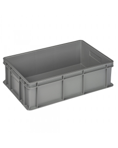Cassa serie Europa in PP da riciclo post-industriale certificata PSV (Plastica 2° vita) per il settore industriale ed utilizzi professionali. Colore grigio. Dimensioni: L60 x P40 x H17cm. Capacità: 32L. Coperchio cod. 102654.