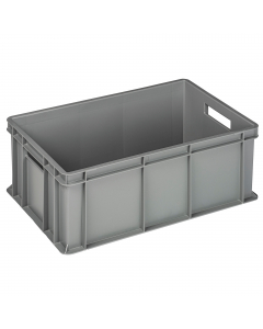 Cassa serie Europa in PP da riciclo post-industriale certificata PSV (Plastica 2° vita) per il settore industriale ed utilizzi professionali. Colore grigio. Dimensioni: L60 x P40 x H22cm. Capacità: 42L. Coperchio cod. 102654.