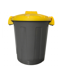 Pratico bidone portari?uti da 25 litri, con coperchio dotato di chiusura a clip. Realizzato in polipropilene (PP) riciclabile 100%. Design moderno, si adatta a tutti gli ambienti. Bidone colore grigio e coperchio giallo. Dimensioni: Ø36 x H45cm.