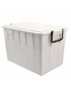 Contenitori food box con coperchio. In polipropilene riciclabile. I contenitori sono sovrapponibili con coperchio e impilabili senza coperchio. Dotati di manici. Idonei al contatto con alimenti. Colore bianco. Dimensioni: L58 x P38 x H38cm - 60 litri.
