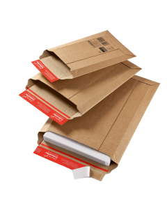 Buste in cartone Colompac brown B4 per spedire in sicurezza pellicole, riviste, libri, cataloghi, ecc. Chiusura autoadesiva. Protezione resistente degli angoli, bordo perimetrale in cartone doppio. Misure interne 250x360x-50mm. Misure esterne 262x375mm. P