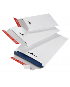 Buste in cartone riutilizzabile Colompac bianco per spedire in sicurezza pellicole, riviste, libri, cataloghi, ecc. Riutilizzabile grazie alla pratica chiusura ad incastro. Chiusura autoadesiva. Protezione resistente degli angoli e dei bordi. Misure inter