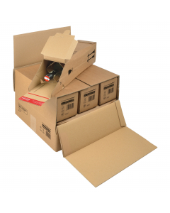 Ideale per spedire in sicurezza bottiglie di vetro alte fino a 300 mm, capacità 0,75 l.  La scatola è regolabile in altezza e può continere da tre a sei bottiglie. Ogni singola bottiglia va inserita nel modulo base per garantirne l'integrità. Certificato 