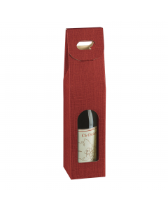Scatola porta bottiglie in cartone seta colore bordeaux. Adatta per 1 bottiglia e dotata di comoda maniglia per il trasporto. Dimensioni: 9x9x38,5cm.