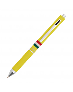 Penna a sfera multifunzione in metallo satinato/gommato con bandiera Italia. Punta a sfera nero, blu, rosso e portamine da 0,5 mm. Confezione in tubo di alluminio.