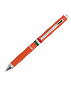 Penna a sfera multifunzione in metallo satinato/gommato con bandiera Italia. Punta a sfera nero, blu, rosso e portamine da 0,5 mm. Confezione in tubo di alluminio.