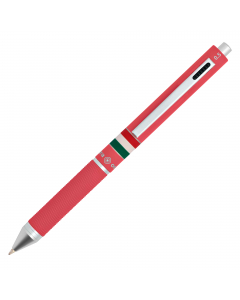 Penna a sfera multifunzione in metallo satinato/gommato con bandiera Italia. Punta a sfera nero, blu, rosso e portamine da 0,5 mm. Confezione in tubo di alluminio.