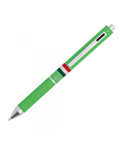 Penna a sfera multifunzione in metallo satinato/gommato con bandiera Italia. Punta a sfera nero, blu, rosso e portamine da 0,5 mm. Confezione in tubo di alluminio.