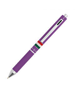 Penna a sfera multifunzione in metallo satinato/gommato con bandiera Italia. Punta a sfera nero, blu, rosso e portamine da 0,5 mm. Confezione in tubo di alluminio.