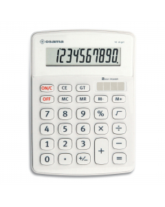 Calcolatrice da tavolo con grande display LCD inclinato a 10 cifre. Doppia alimentazione solare e a batteria (1xl1131). Tasti in plastica. Funzioni: calcolo percentuale, 4 tasti di memoria, radice quadrata, tasto gt, autospegnimento. Dimensioni 145x105x12