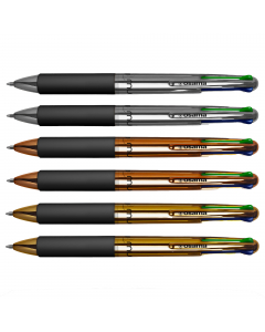 Elegante astuccio in materiale soft touch contenente 6 Penne a sfera Multi 4 colori in versione Chrome effetto metal.
Astuccio nero con elegante finitura SOFT TOUCH contenente 6 penne a scatto con punta a sfera da 1mm.
Inchiostro nei colori blue, nero, ro